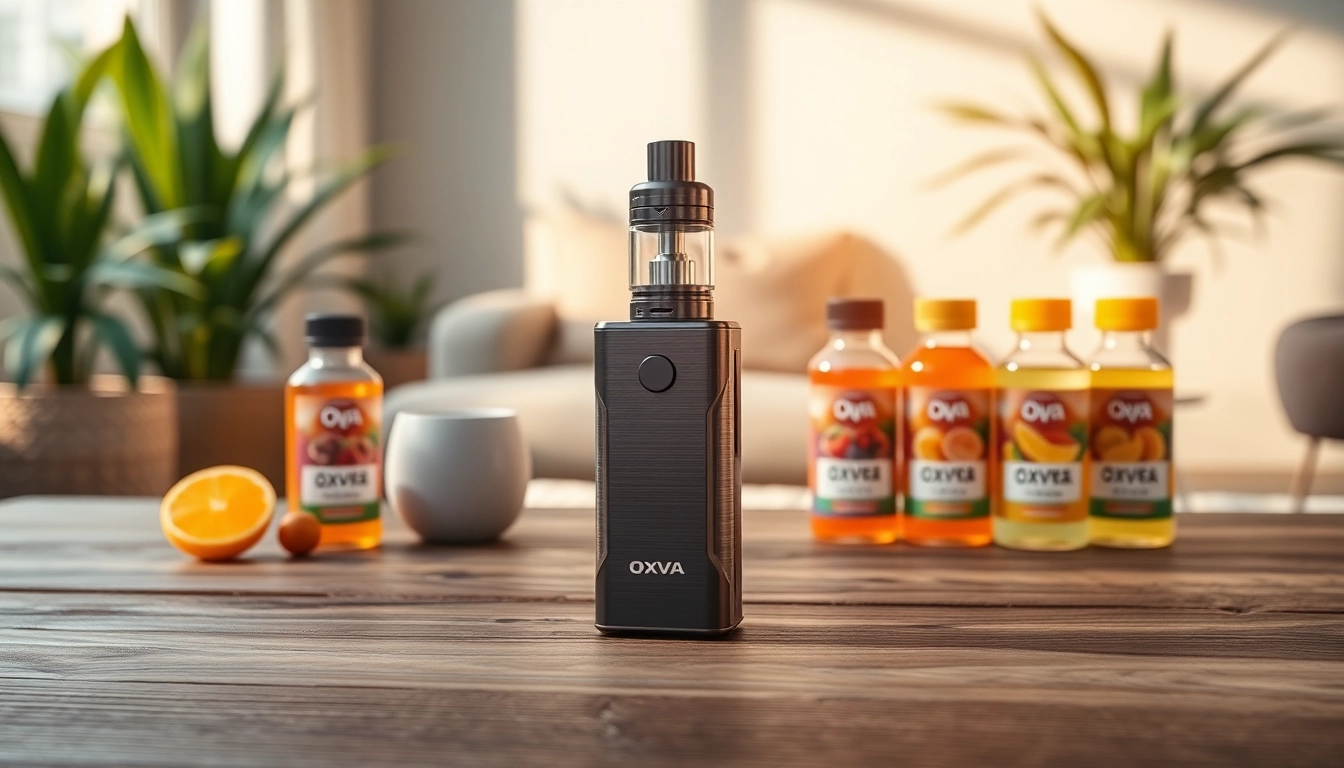 Erlebe das Oxva Vape-Gerät in einer stilvollen Umgebung mit bunten E-Liquids.