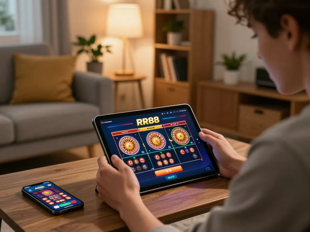 Engaged user playing at home using https://rr88k1.com/ online casino platform on tablet with inviting ambiance