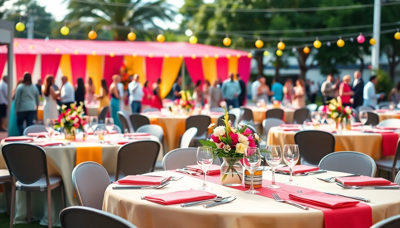 Elegant table rentals showcasing vibrant setups for outdoor events.