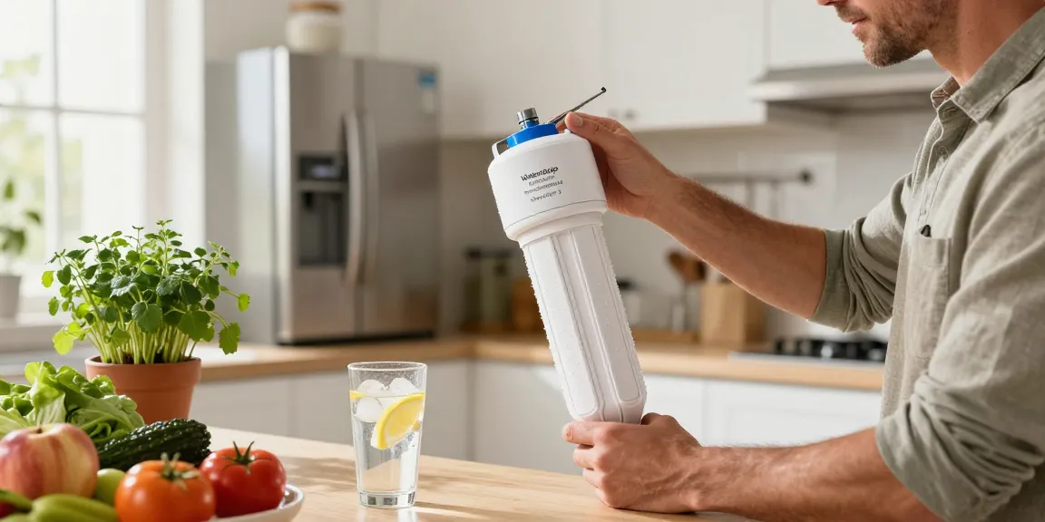 Man installing the Waterdrop EDR3RXD1 Replacement for Everydrop® Filter 3 in a bright kitchen.