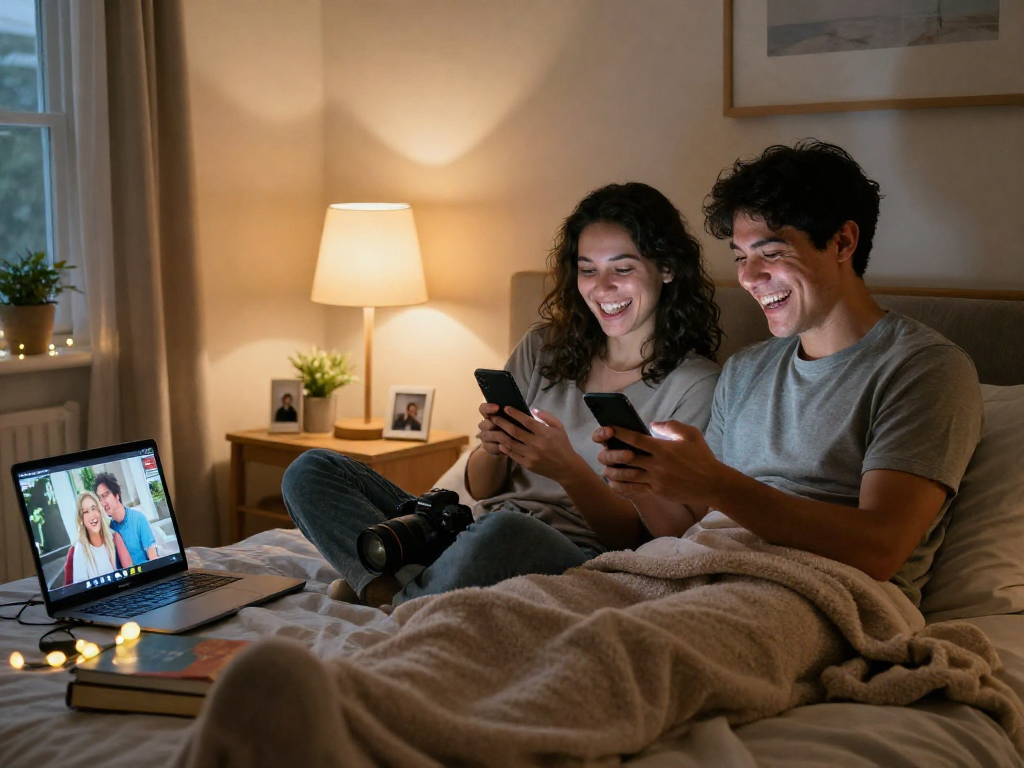 Couple enjoying sexting AI interaction in a cozy bedroom, sharing laughter and warmth.