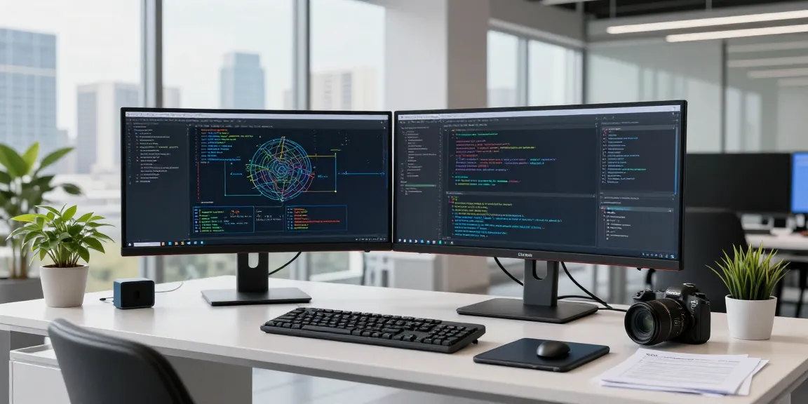 AI prompt image showcasing a professional developer in a modern workspace, immersed in coding with dual monitors and a sleek desk setup.