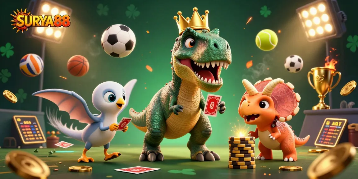 SURYA88 brings excitement as a T-Rex shuffles cards with a golden crown, surrounded by vibrant sports elements.
