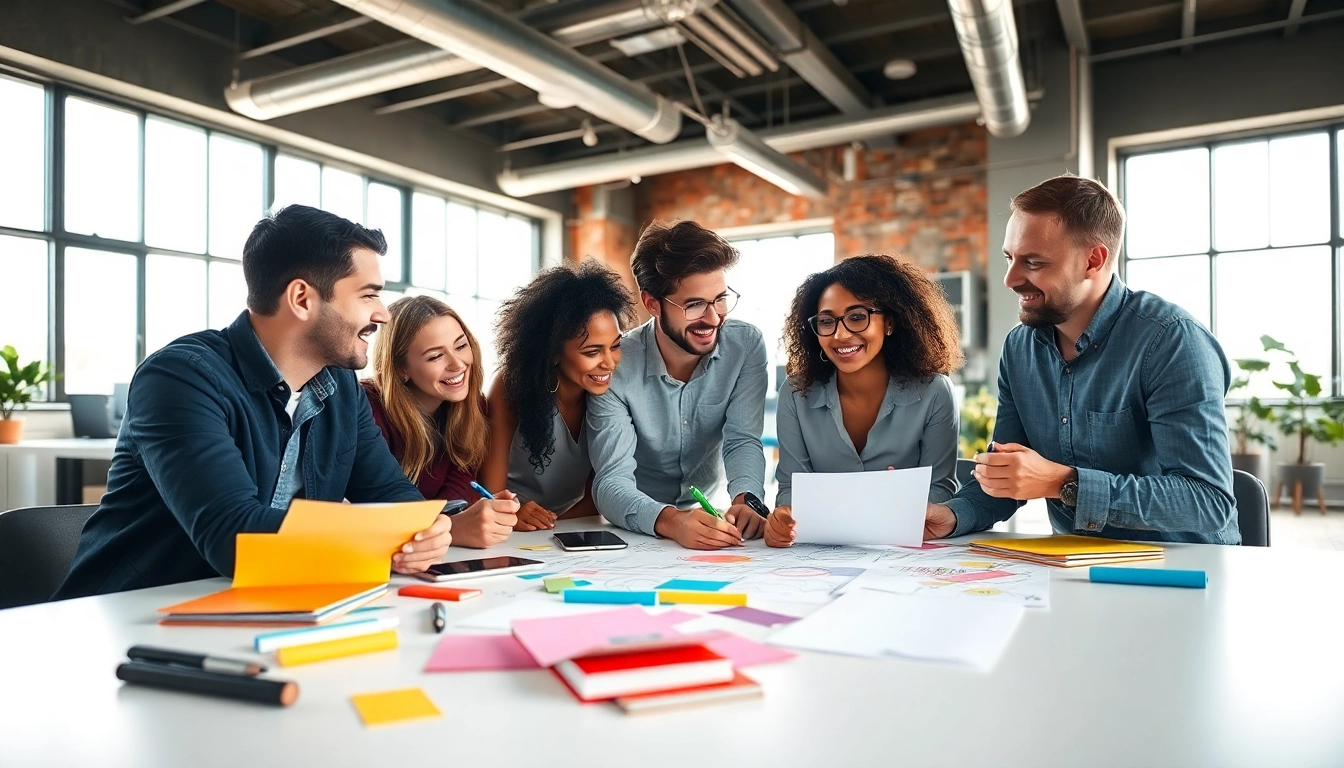 Engaging team collaborating on creative concept development ideas in a bright workspace.