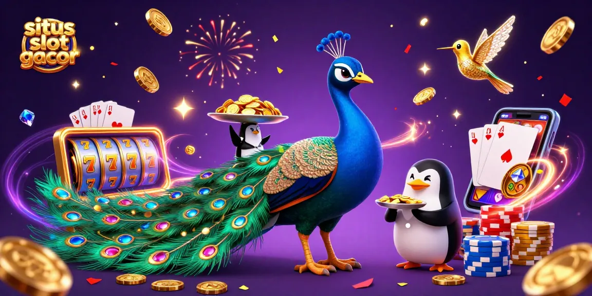 Experience excitement with the situs slot gacor, featuring vibrant slots, peacocks, and golden coins.
