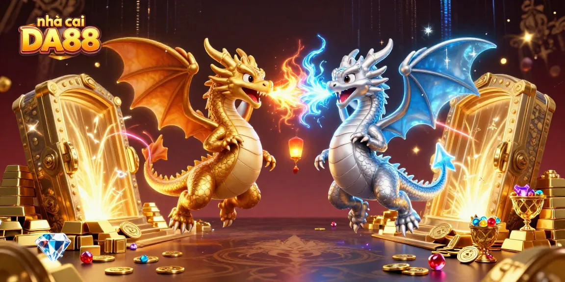Experience the excitement of nhà cái DA88 with dynamic dragons and treasures in a vibrant casino scene.