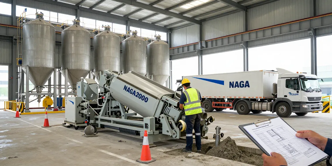 Concrete production using NAGA2000 pump with workers in safety gear at a modern facility.