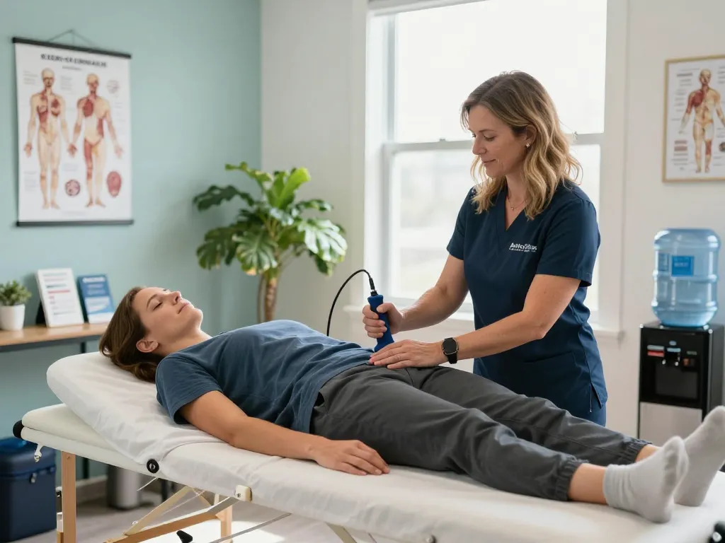 Chiropractor Dr. Andrea Smith at https://www.synapticdc.com adjusting a patient in a welcoming, bright office.