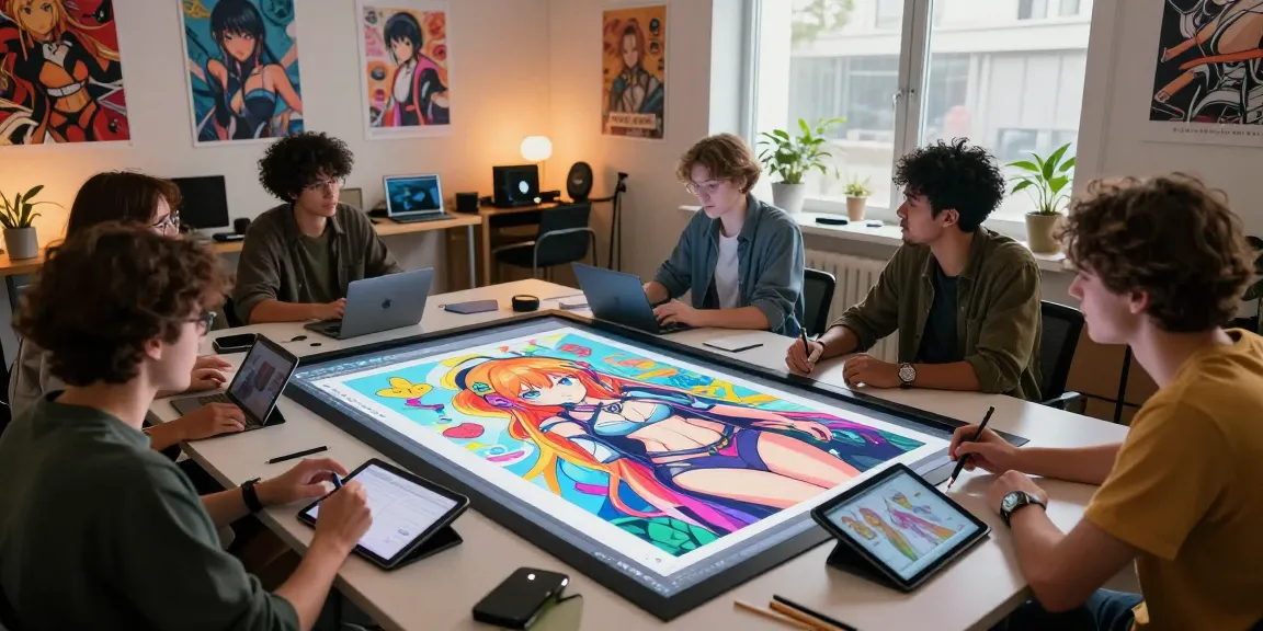 Creative scene of artists crafting ai ecchi art in a vibrant studio.