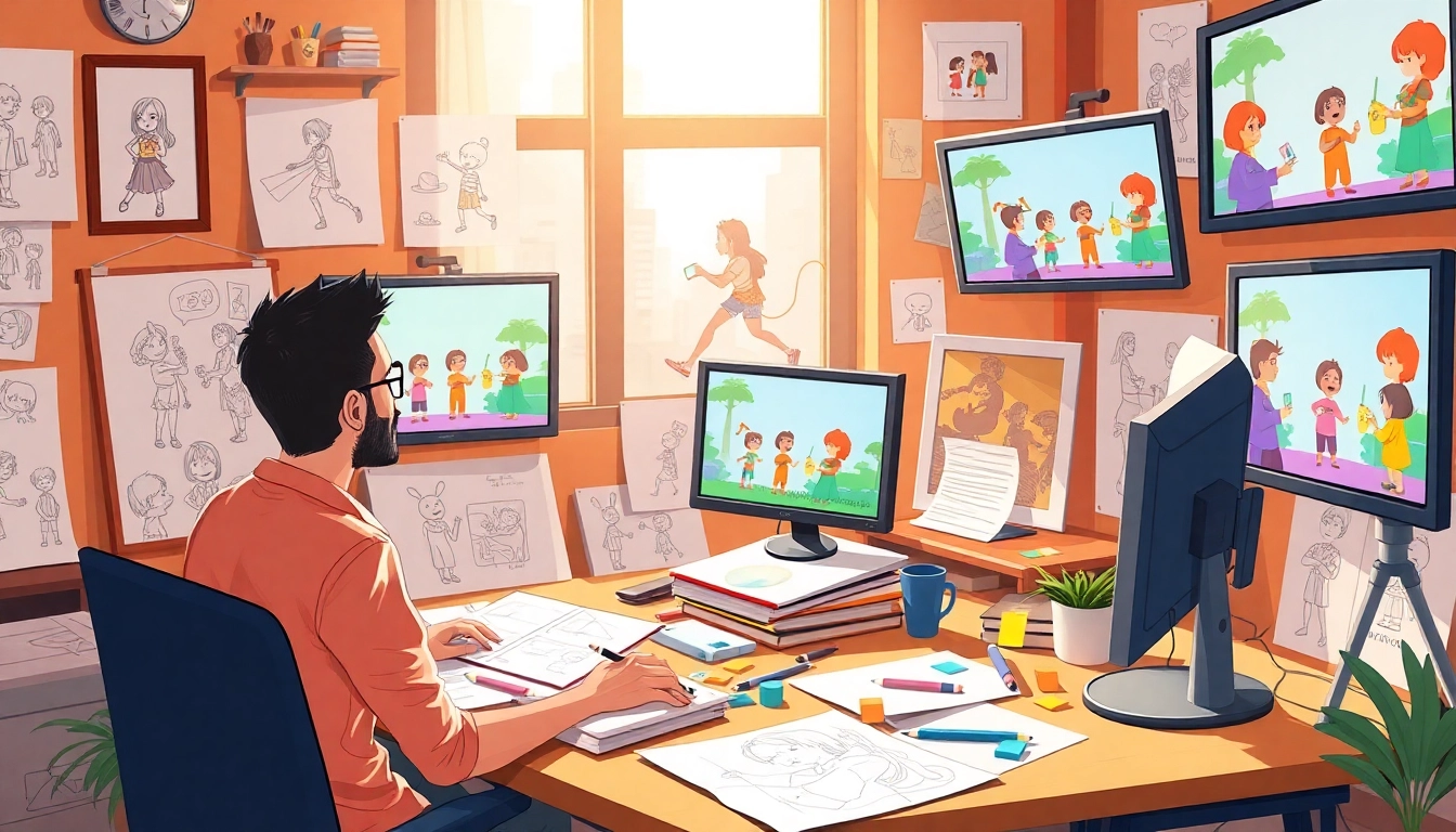 2D Animation erstellen mit bunten Entwürfen und einem animierenden Animator.