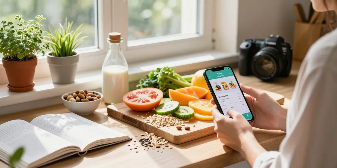 User tracking calories with the best food tracker app in a bright kitchen.