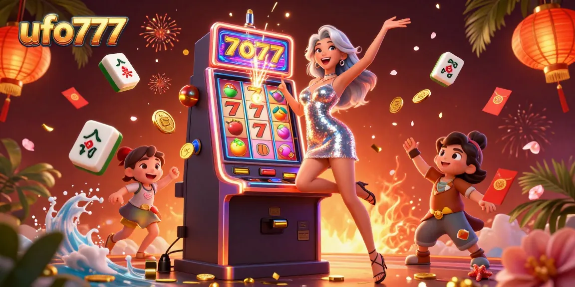 Play and win big with ufo777's exciting slots, celebrating jackpots amidst luminous casino lights.