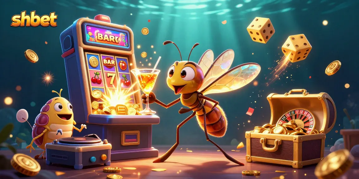 Experience the vibrant shbet casino world with a golden cocktail mascot and exciting slot machine action.