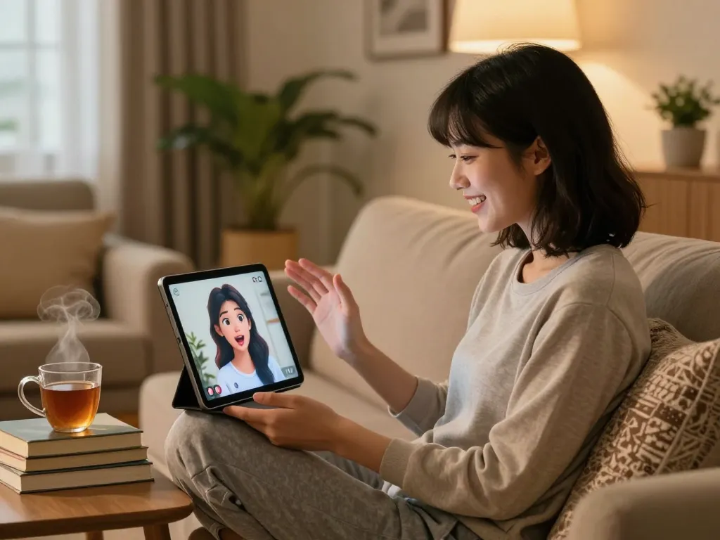 Engaging with an AI girlfriend via video chat in a cozy living room.