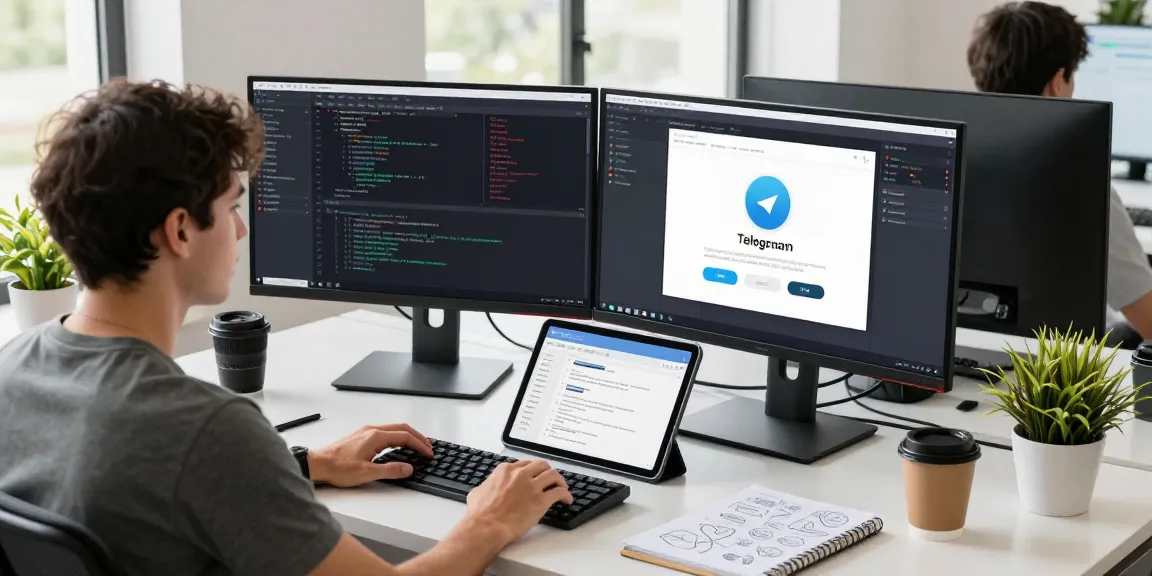 Developer using 纸飞机中文版 on dual monitors in a bright tech workspace, showcasing modern coding tools and collaborative work.