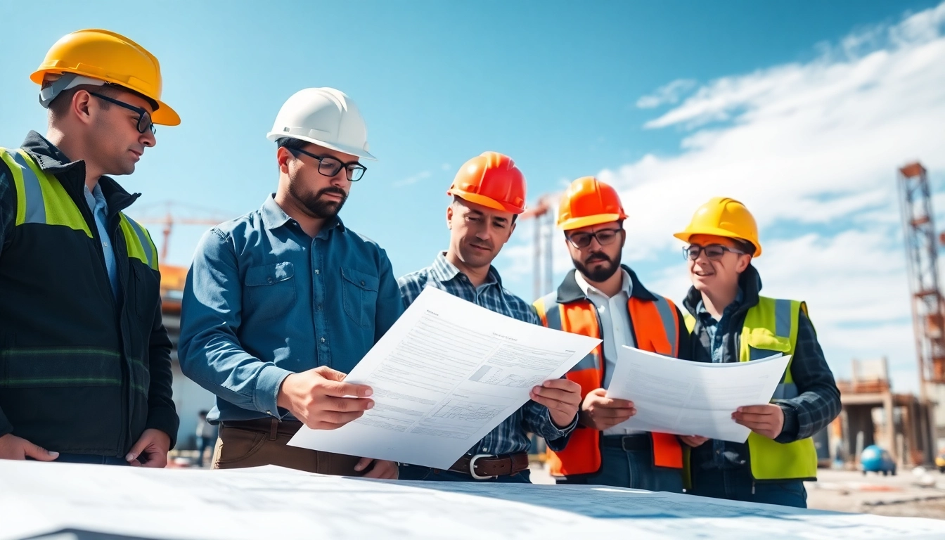 Construction labor compliance assessment with professionals reviewing safety documents on-site.
