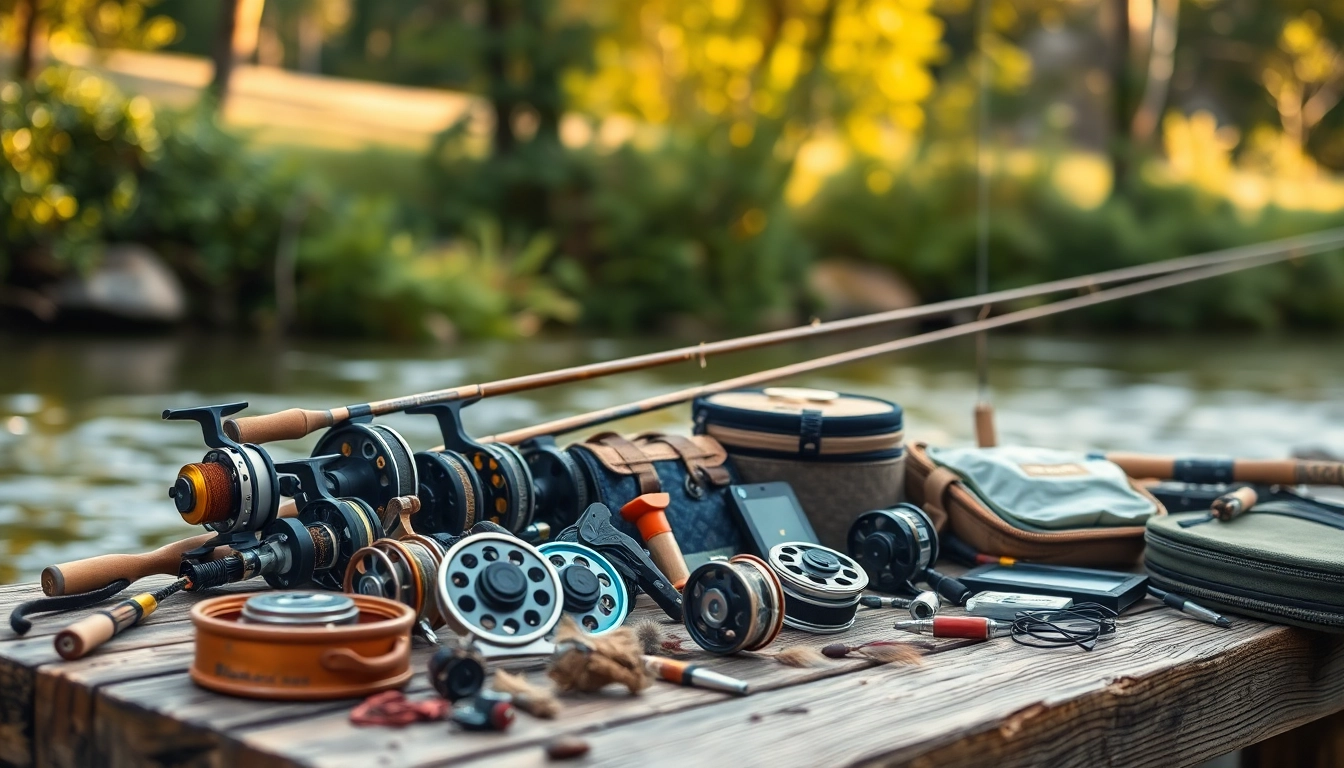 Showcase of fly fishing accessories on a rustic table with nature backdrop.