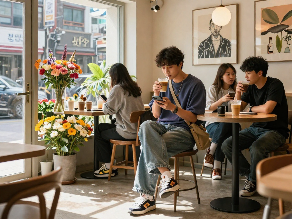 강남 달토에서 현대적인 카페에서 커피를 즐기는 젊은이의 활기찬 모습