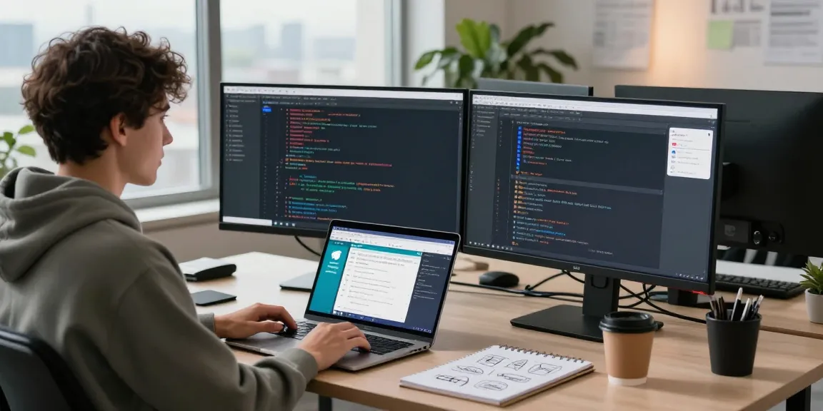 A developer using the 纸飞机中文版 on dual monitors in a modern office workspace.