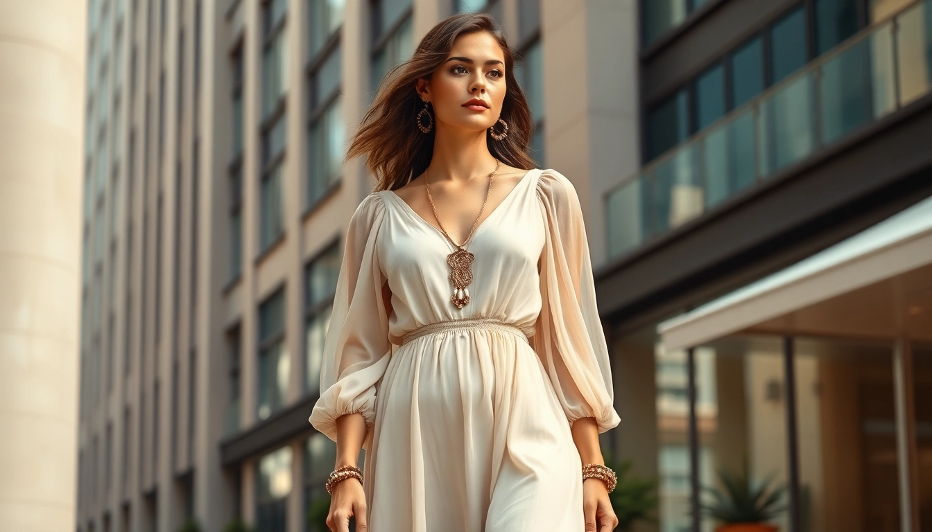 Showcasing Rivelle's elegant fashion in a chic urban setting with a model against stylish architecture.