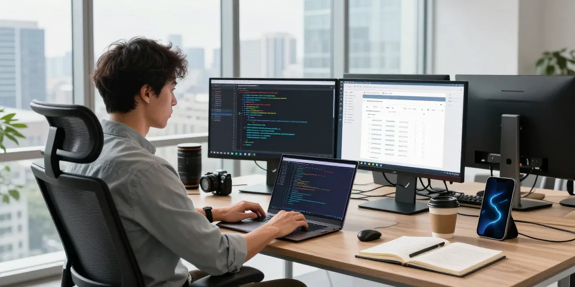 Developer programming using telegram中文 interface in high-tech workspace.