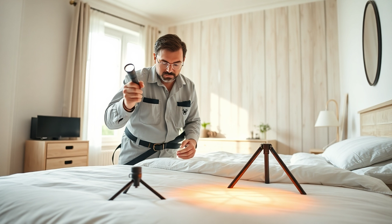 Inspecting bed bug extermination services in a bright, clean bedroom environment.