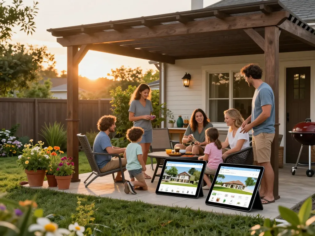 Family using a pergola configurator app to design their outdoor space.