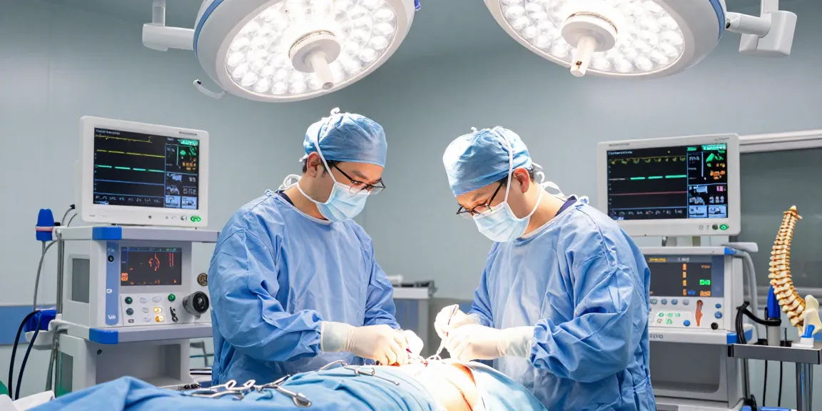Bel kayması ameliyatı taking place in a modern surgical room with focused medical team.
