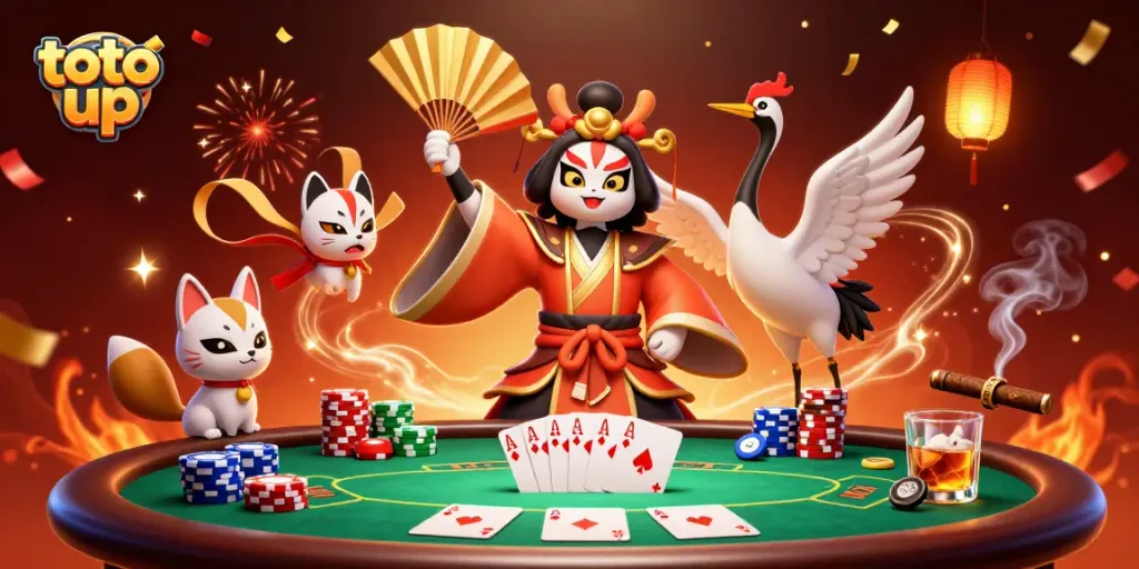 Experience the thrill of toto up with a dynamic casino scene featuring kabuki warriors and poker elements.