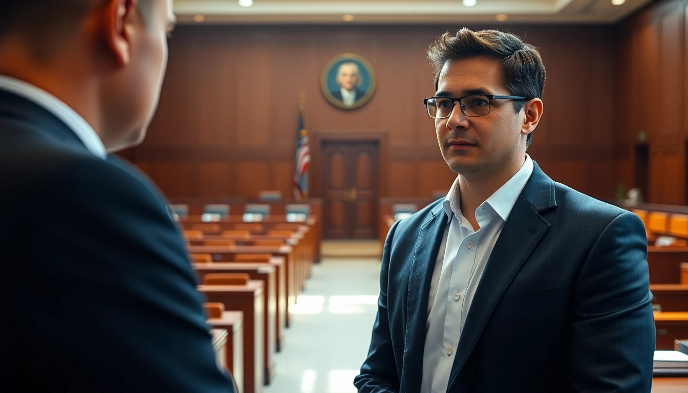 Truck accident attorney Clearwater consulting with a client in a courtroom.