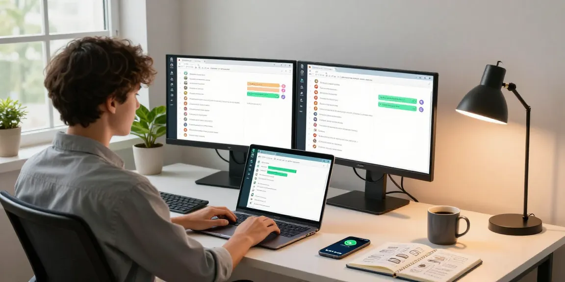Productive home office scene with WhatsApp電腦版 interface on laptop screen surrounded by a modern workspace.
