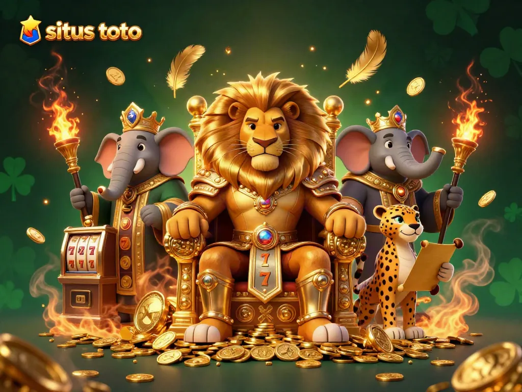 Experience the excitement of situs toto with an illustration of a lion king, elephant advisor, and cheetah messenger in a vibrant casino setting.