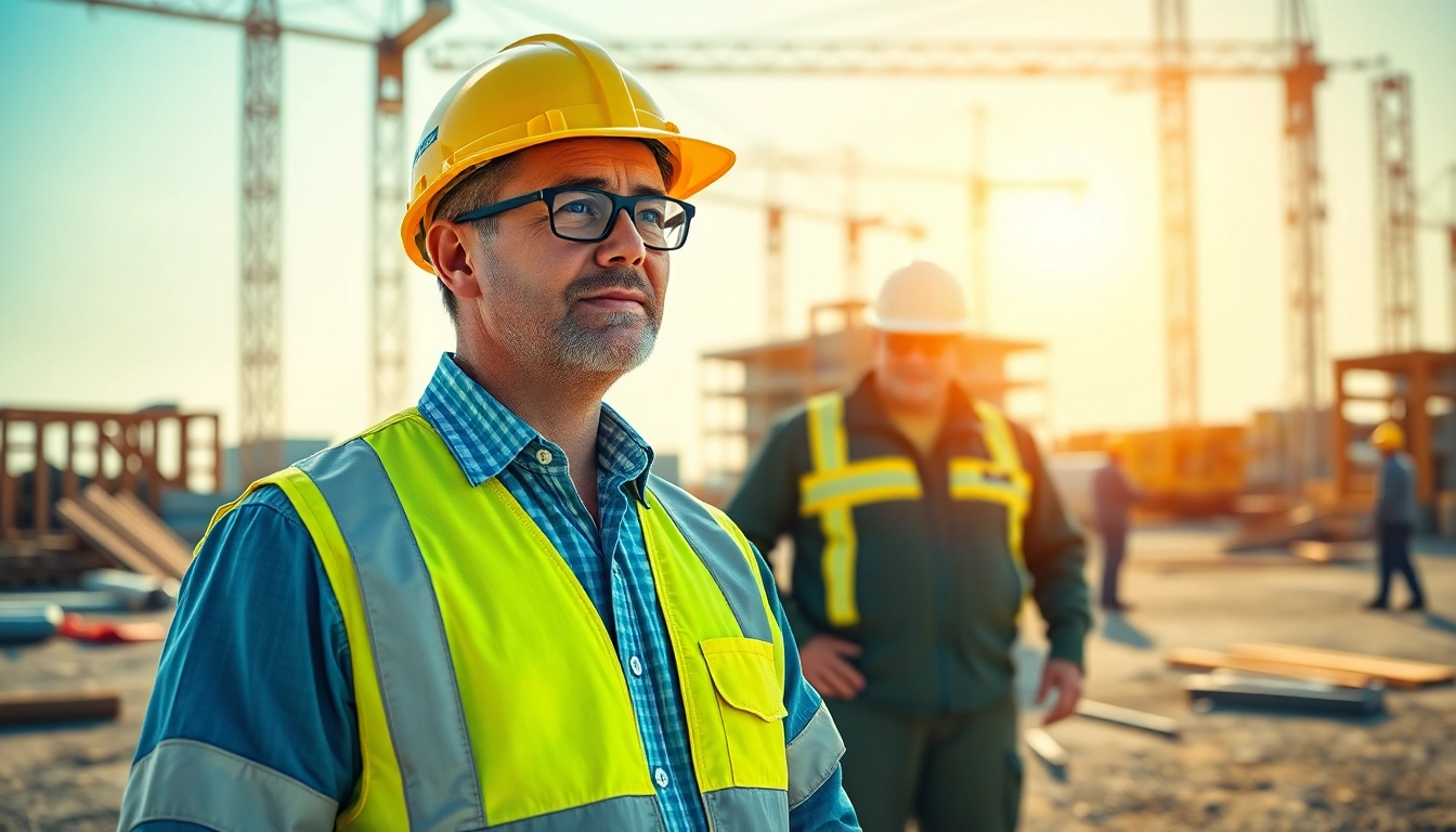 New Jersey Construction Manager supervising activities at a vibrant construction site amidst workers.