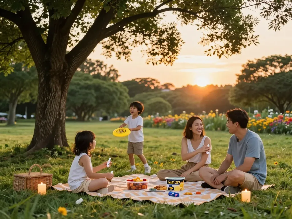 Family applying mosquito repellent during outdoor picnic in summer park.