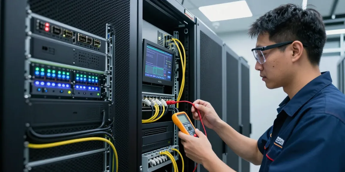 C19/C20 connectors featured in a technician's inspection of a data center's server racks, ensuring reliable high-power connections.