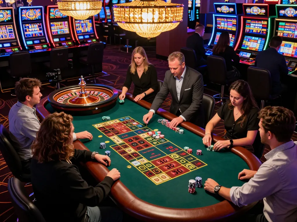 Experience the thrill of ดูหนังใหม่ as players engage at a bustling roulette table, capturing the lively casino atmosphere.