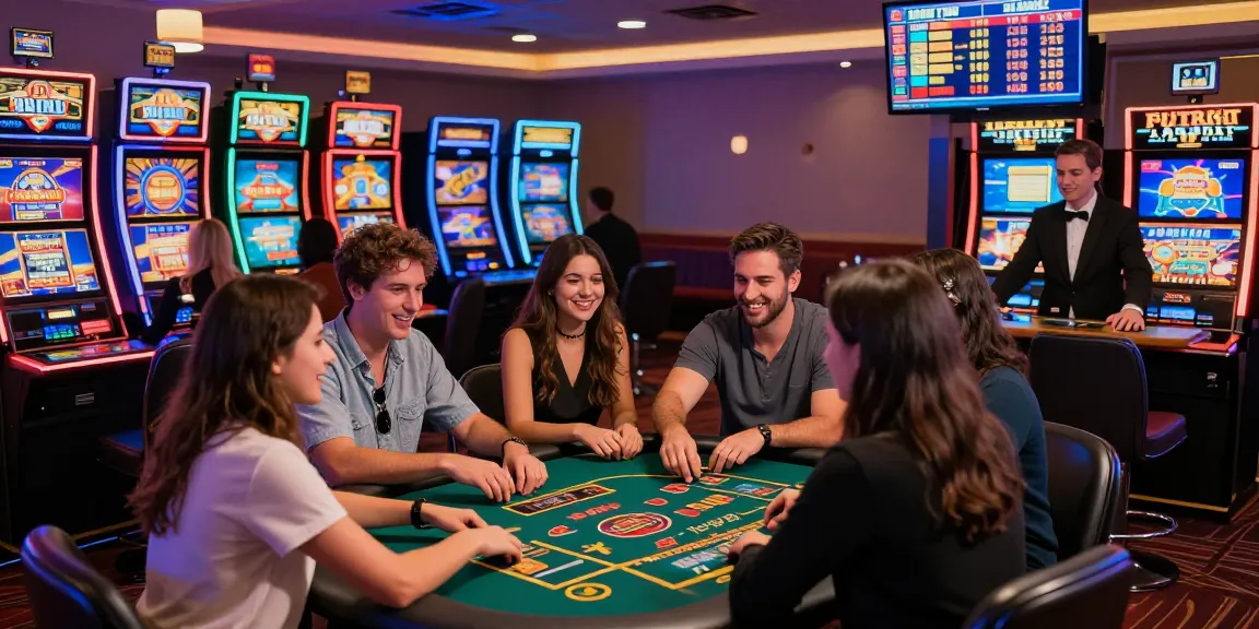 Players enjoying non UK casinos at a lively online casino with vibrant slot machines and live dealer tables.