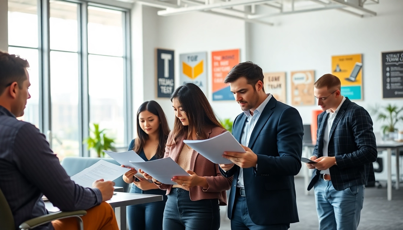 Dynamic scene of TOEIC test takers for hire collaborating in an office setting.