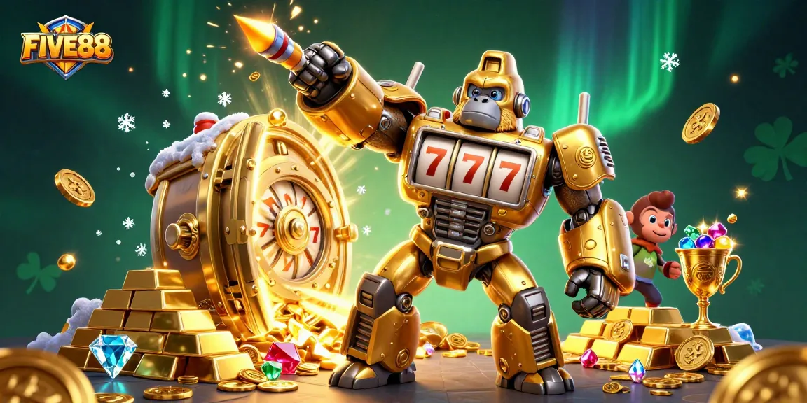 Win big at FIVE88 with a thrilling golden gorilla mech surrounded by treasures!