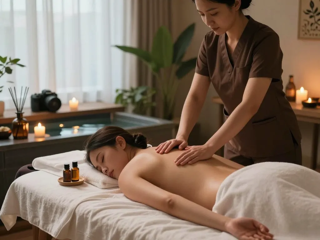 Relaxing 역삼동마사지 scene in a tranquil spa setting with soothing elements