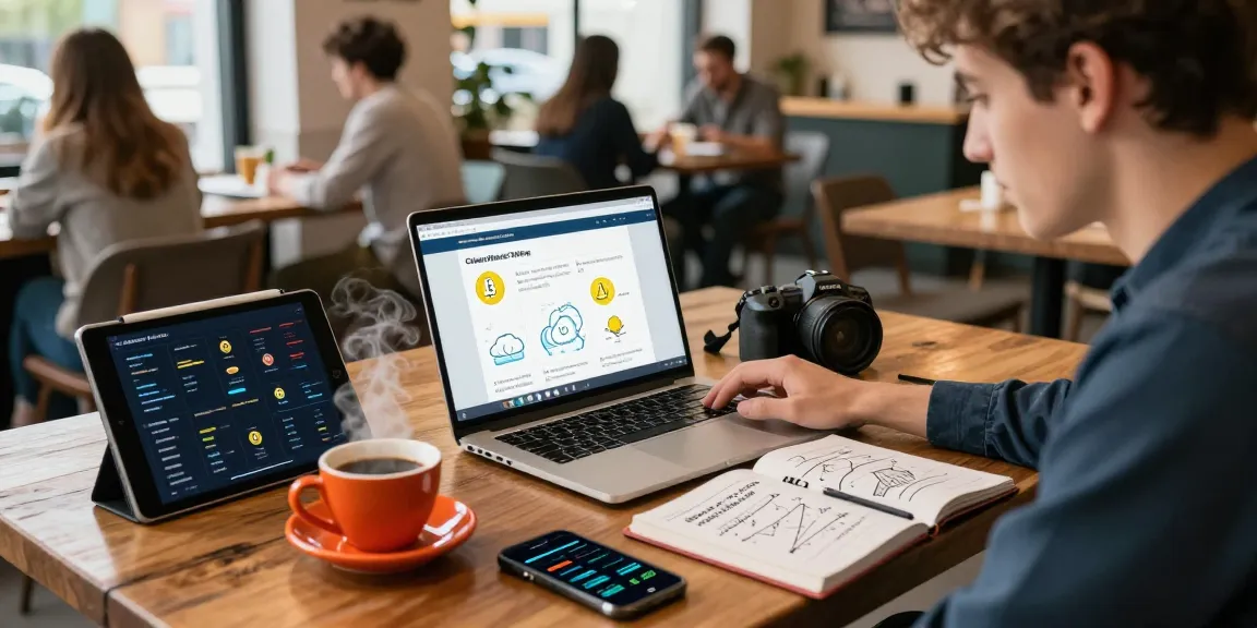 Beginner cloud mining platform learning in a cozy cafe environment with blockchain diagrams and crypto tutorials.
