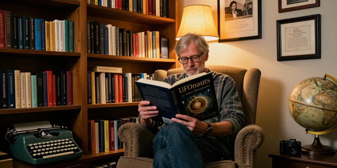 T. Allen Greenfield in his reading nook holding 'UFOnauts' at https://tallengreenfield.com, showcasing a cozy and intellectual atmosphere.