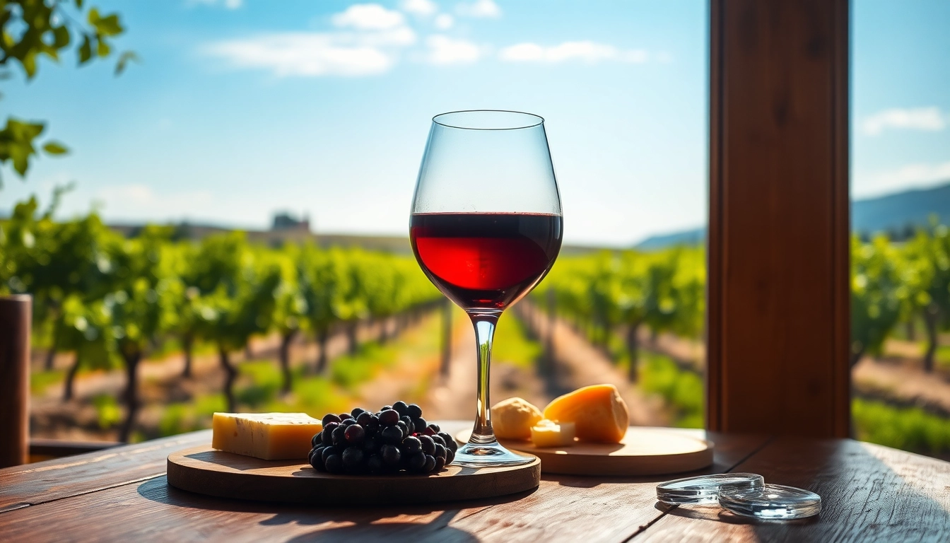Savoring Tempranillo wine in a rustic setting with cheese and vineyard background.