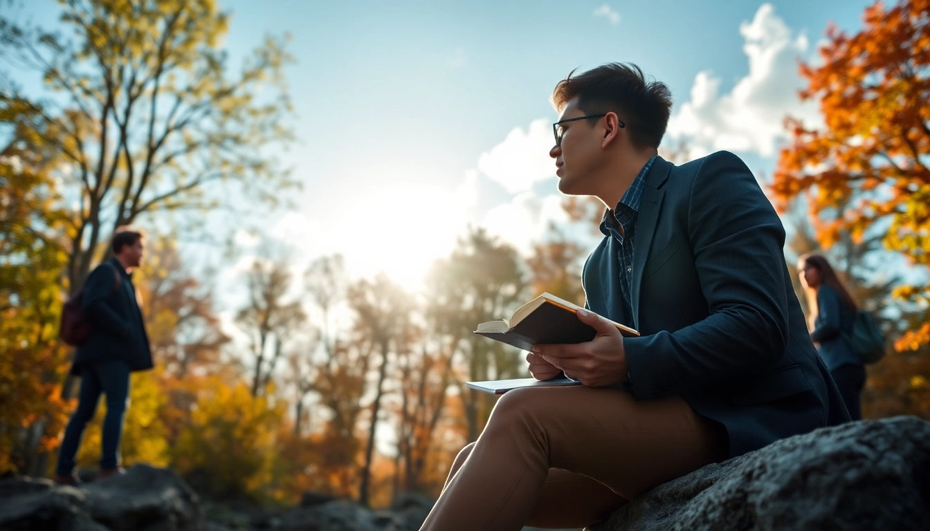 Finding one's true calling while reflecting in a serene natural setting.