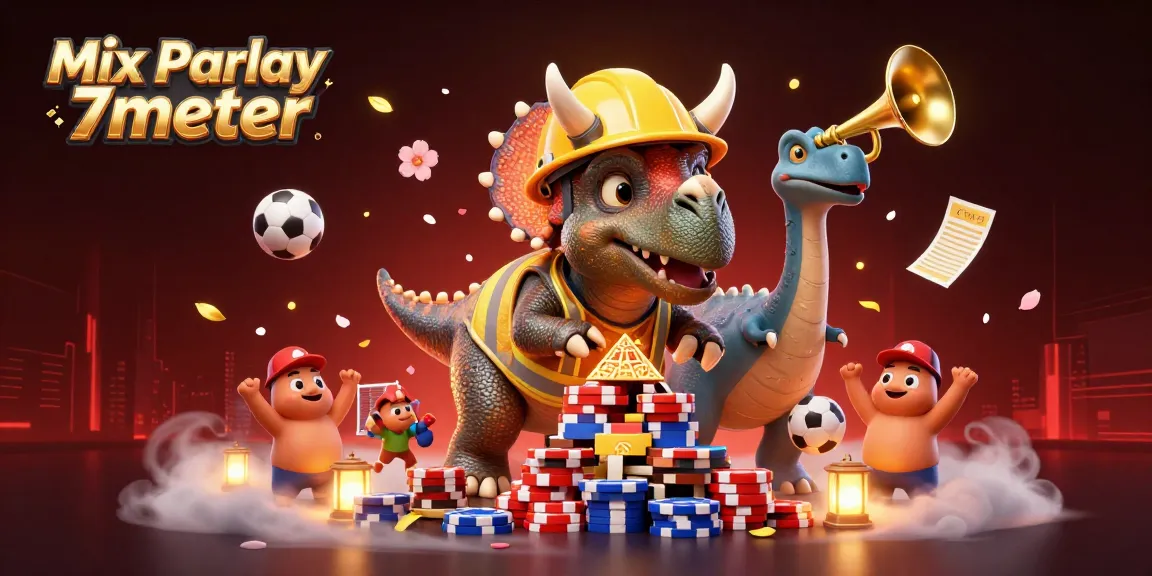Engage with Mix Parlay 7meter as cartoon dinosaurs celebrate sports betting success amidst vibrant visuals.