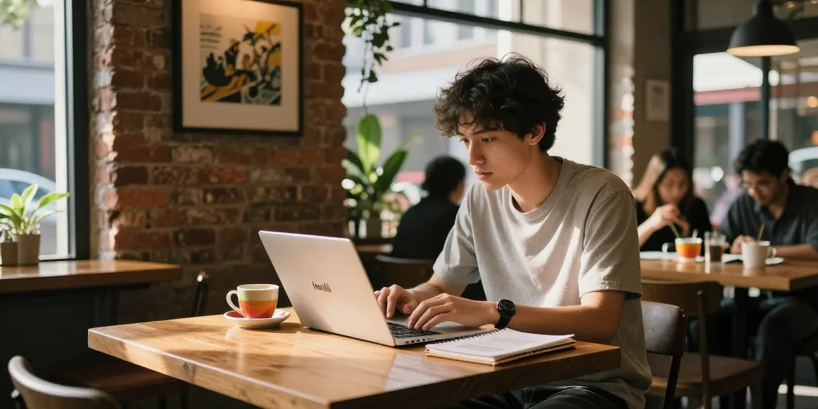 Young adult researching rokok88 daftar at trendy café with laptop.