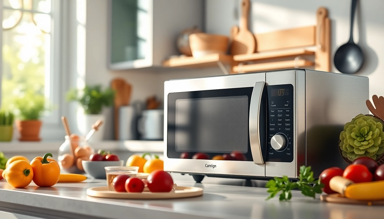 Showcases an affordable microwave oven in a modern kitchen setting with fresh ingredients.