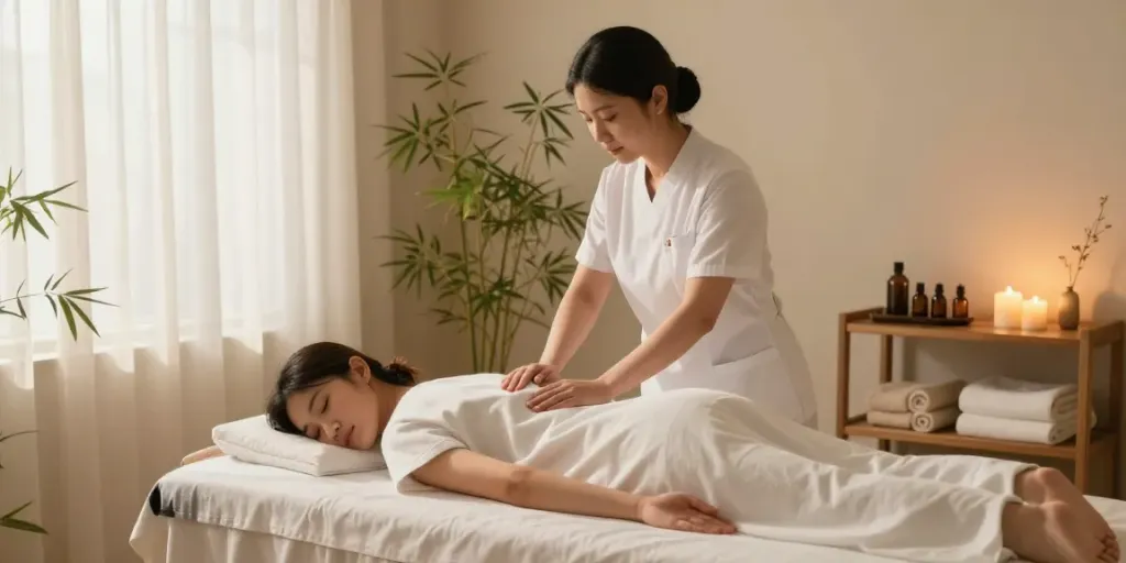 화곡동출장마사지 treatment room with a therapist and client in a serene environment.