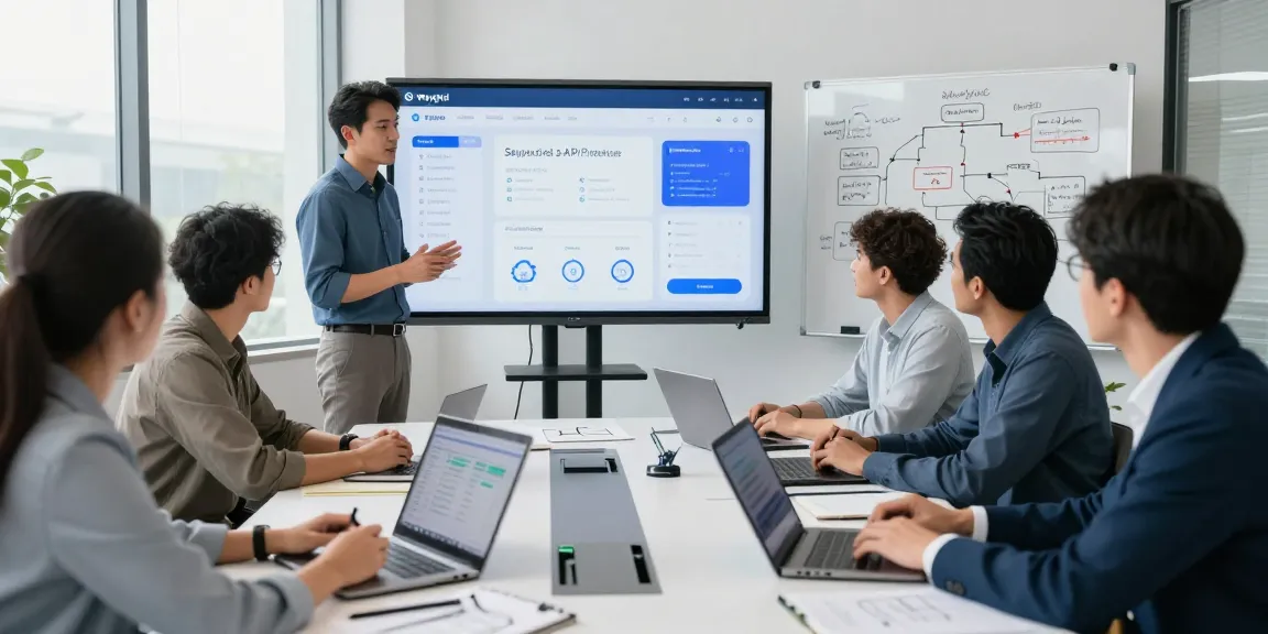 Waygrid solutions engineer showcasing API management features during a client meeting in a modern tech workspace.