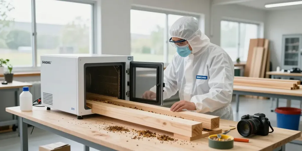 SHASHEL® technician using microwave equipment for eco-friendly wood treatment in a workshop.